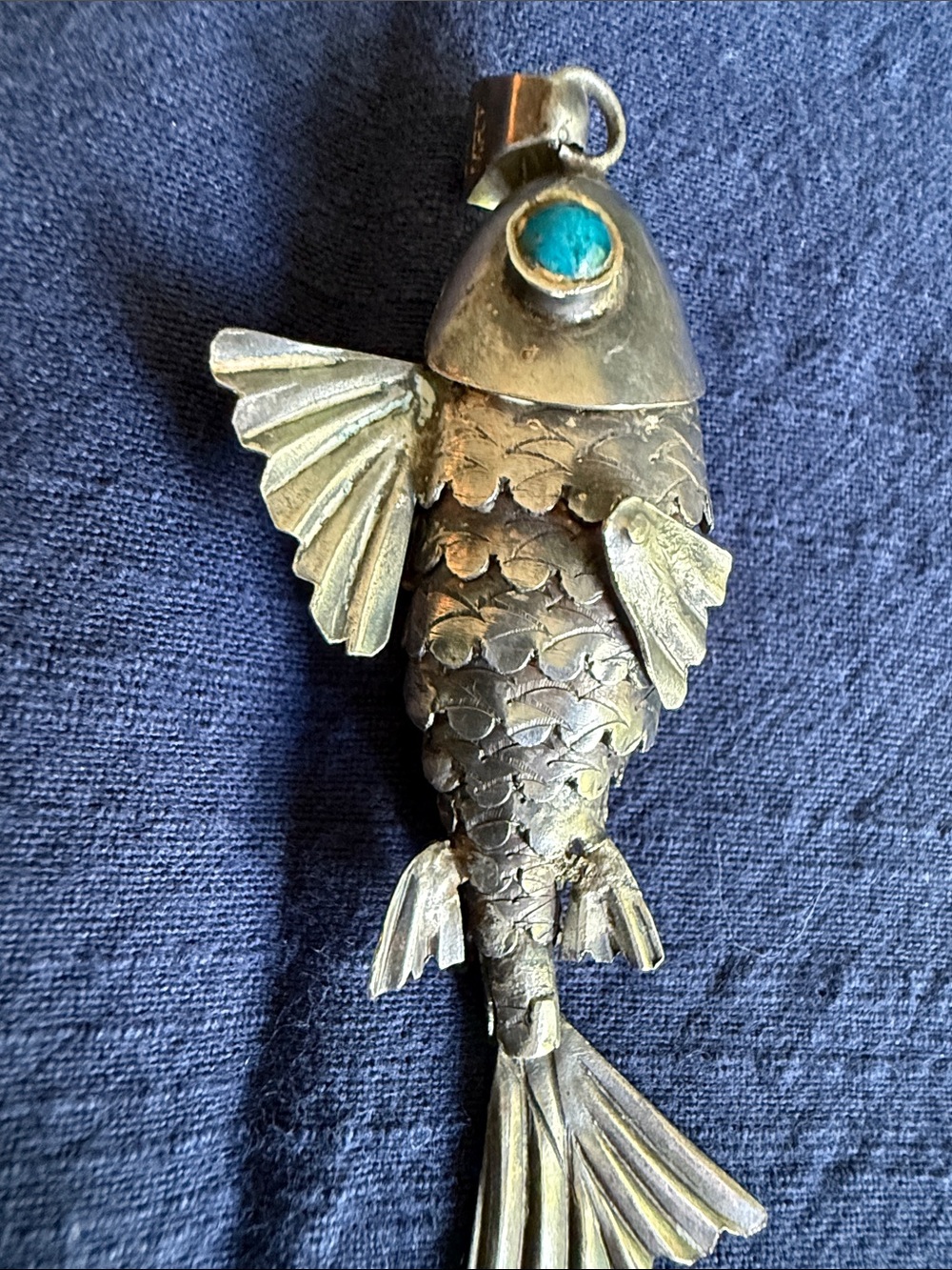 Vintage MRT Sterling Silver 925 Large Articulated Moving Fish Pendant Turquoise - Picture 6 of 6